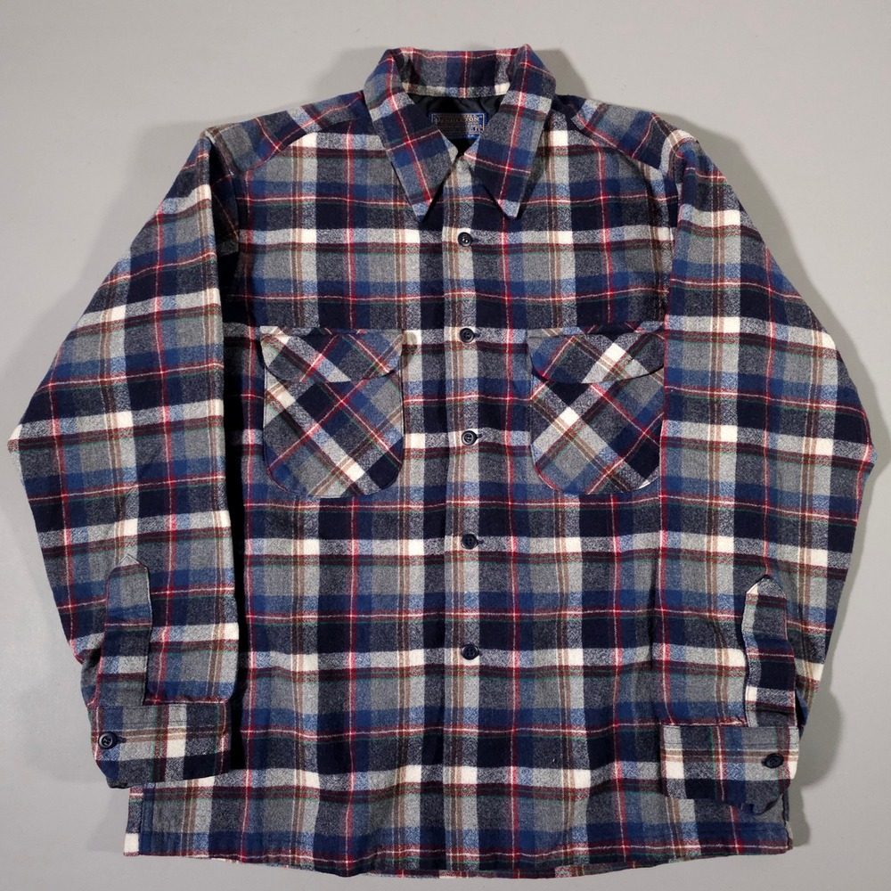 Pendleton Board Shirt Mens L Blue Red Plaid Wool Flannel Made in USA Loop Collar